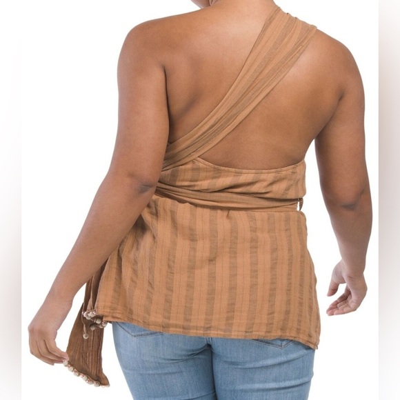 ZARA | One Shoulder Striped Beaded Dress Top Shirt Brown 100% Cotton - Picture 3 of 12